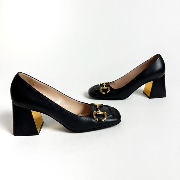 GUCCI Black Baby Bit Horsebit Square Toe Pump 38.5 US 8.5 Leather Block Heel - Picture 10 of 15
